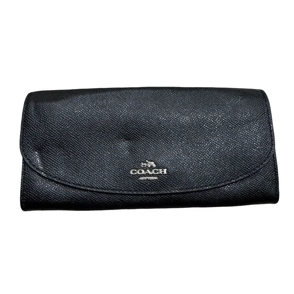 Coach Folding Wallet Black Zipper Pocket Credit Card Women's